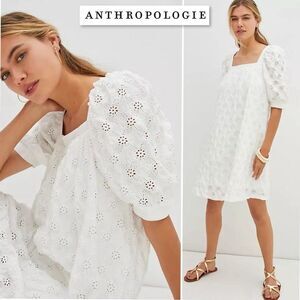 Anthropologie Maeve Eyelet Mini Dress in White M P Puff Sleeve Square Neck